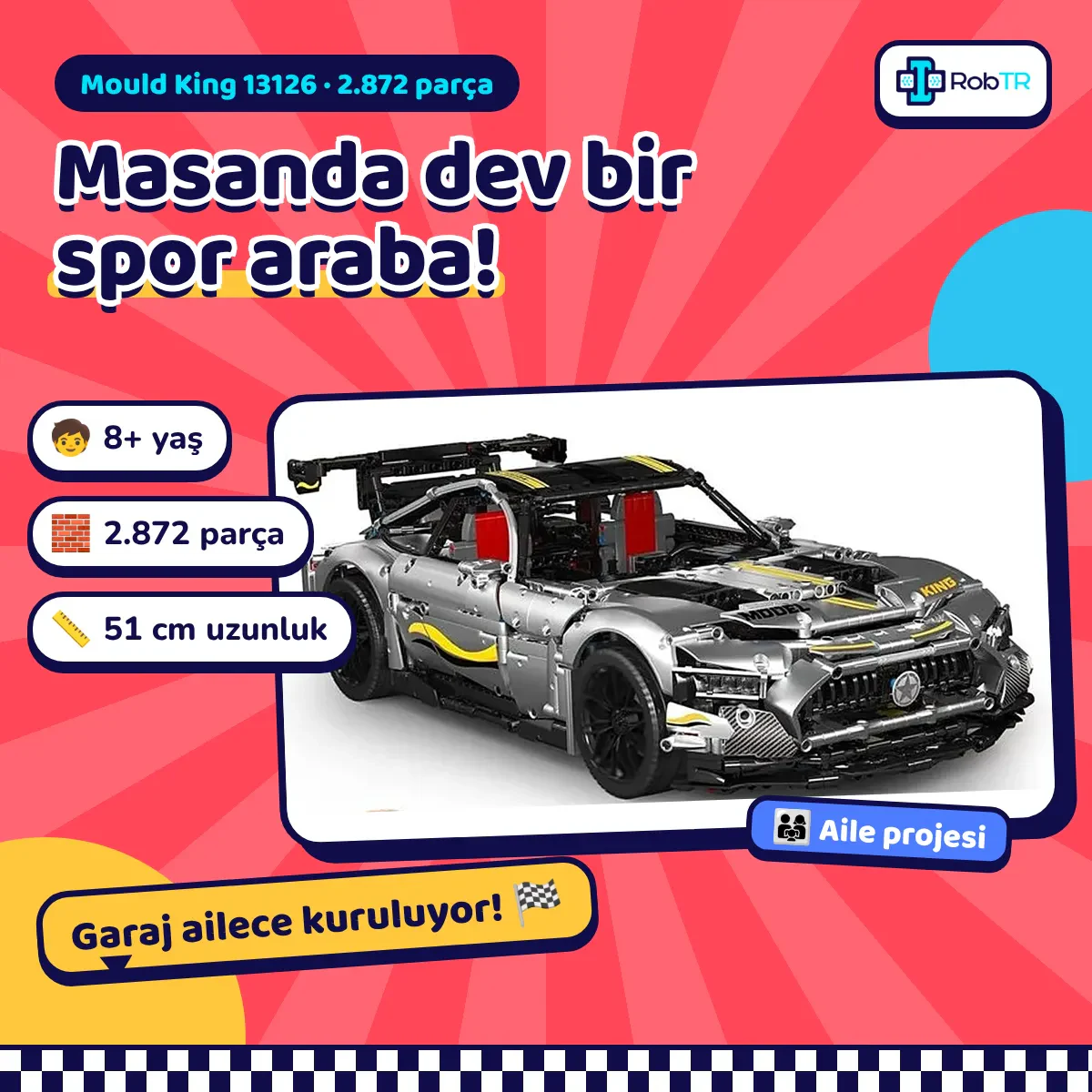 Mould King 13126 Gümüş Spor Araba Yapım Seti – 2872 Parça Statik Süper Otomobil Teknik Model ve Eğitici Yapı Blokları
