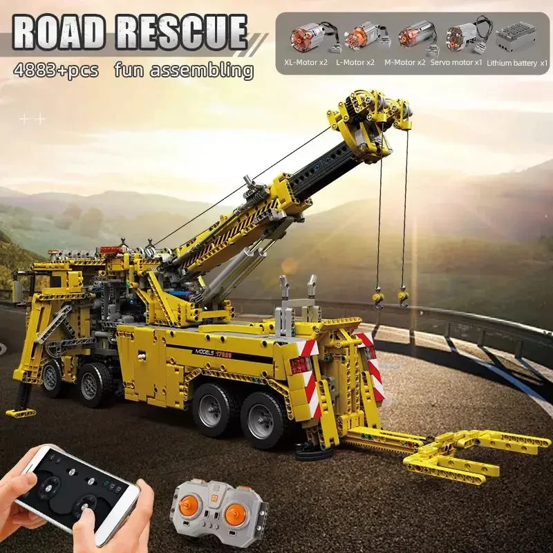 Mould King 17028 RC Yol Kurtarma Çekici Kamyon Yapım Seti 4883 Parça Mühendislik Modeli