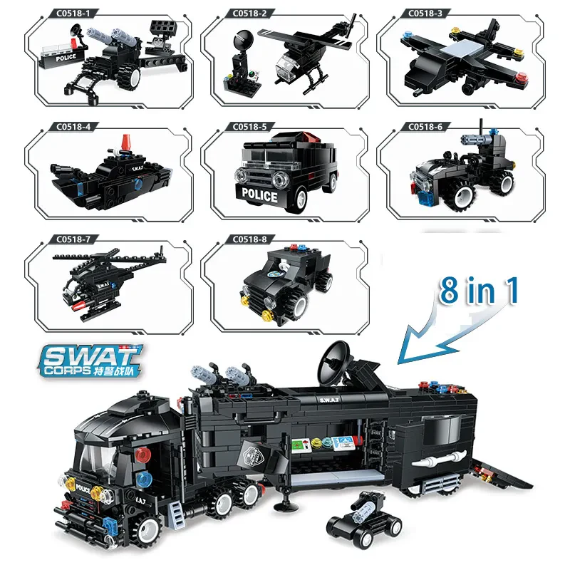 WOMA C0518 SWAT Takımı 8’li Araba Seti – 25 Model, Düz Bot, Eğitici Küçük Yapı Blokları