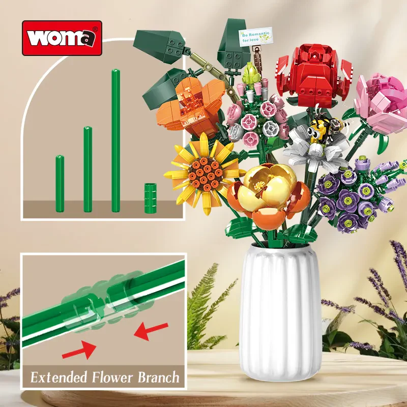 Woma Toys 11804 – 8 Çiçekli Tuğla Buketi Montaj Seti (Gül ile Birlikte)