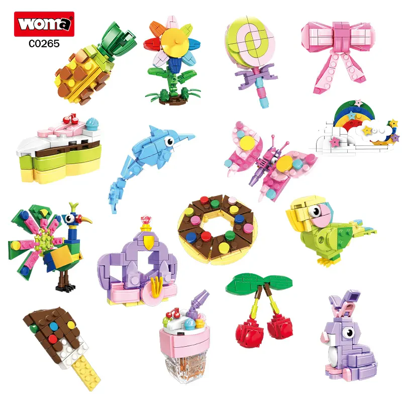 WOMA TOYS C0265 Çocuklar için 16’sı 1 Arada Gıda ve Doğa Hayvanları Yapı Bloğu Oyuncağı
