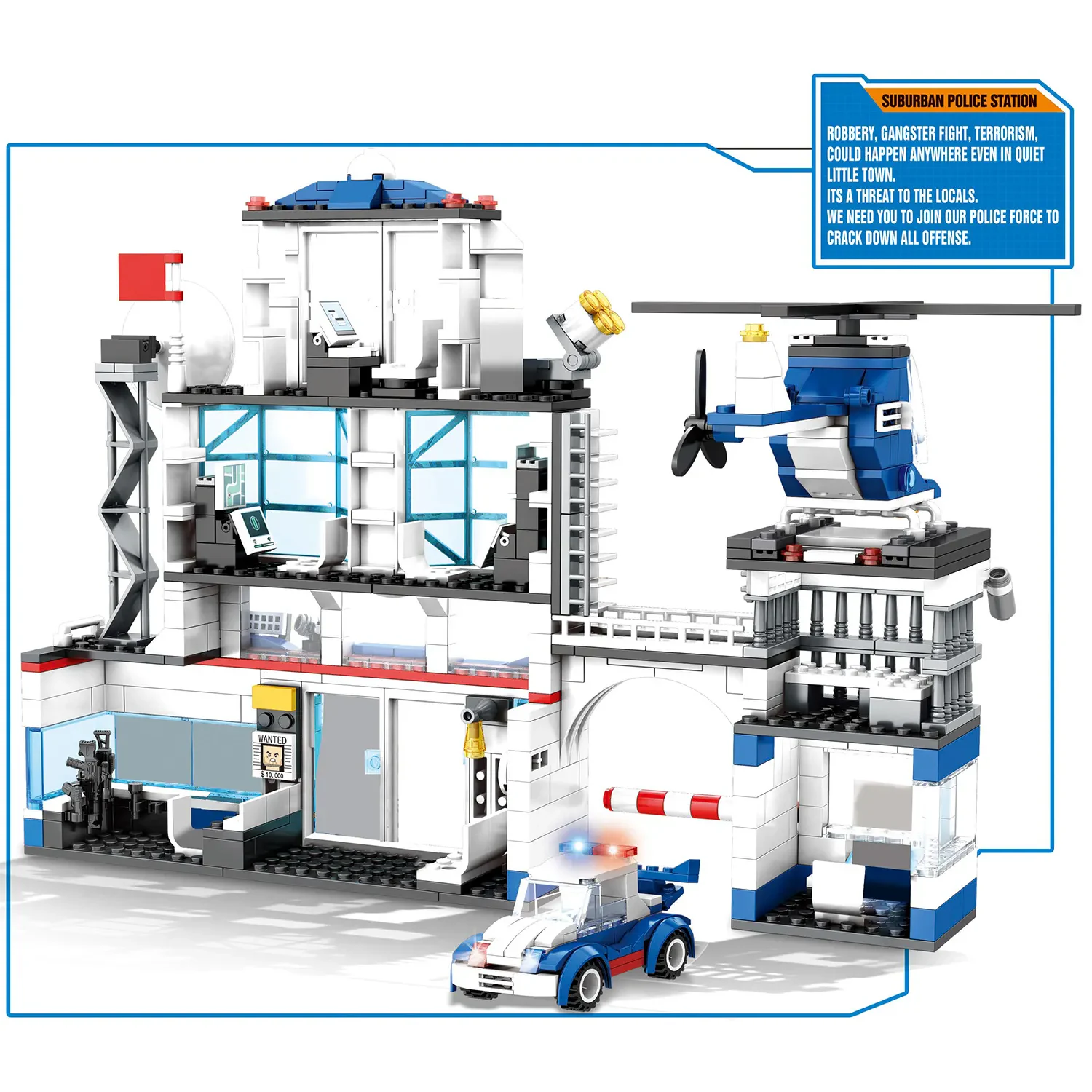 WOMA TOYS C0603 Şehir Polis Karakolu Modeli – Helikopter ve Araba ile Yapı Seti