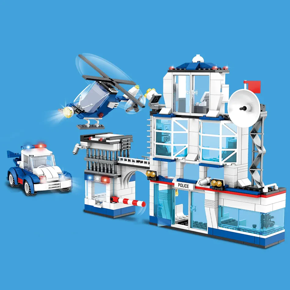 WOMA TOYS C0603 Şehir Polis Karakolu Modeli – Helikopter ve Araba ile Yapı Seti