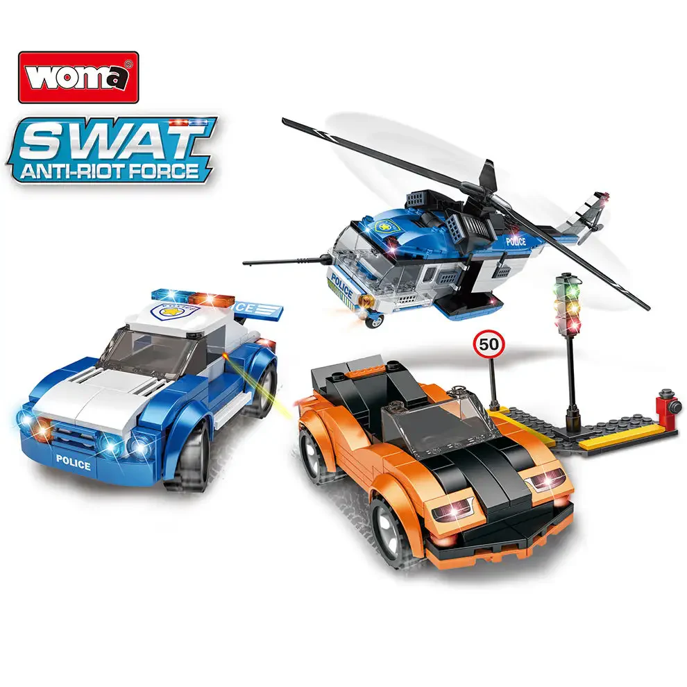 WOMA TOYS C0606 Şehir Polisi Helikopteri ve Araba Yapı Blokları Seti