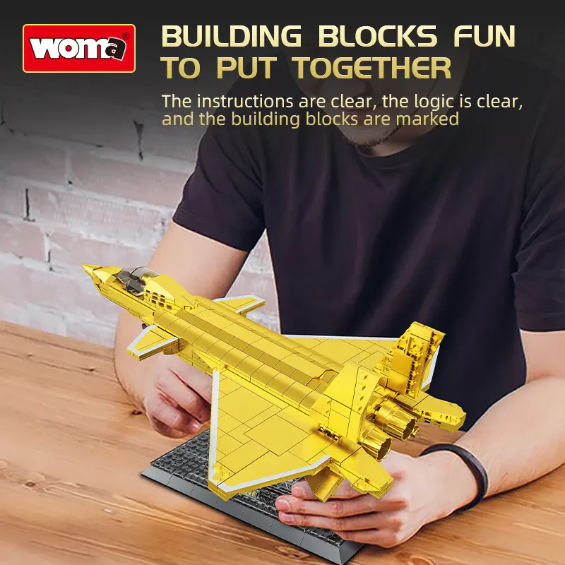 Woma Toys C0635 Altın J-20 Gizli Avcı Uçağı – 753 Parça Yapı Bloğu Seti